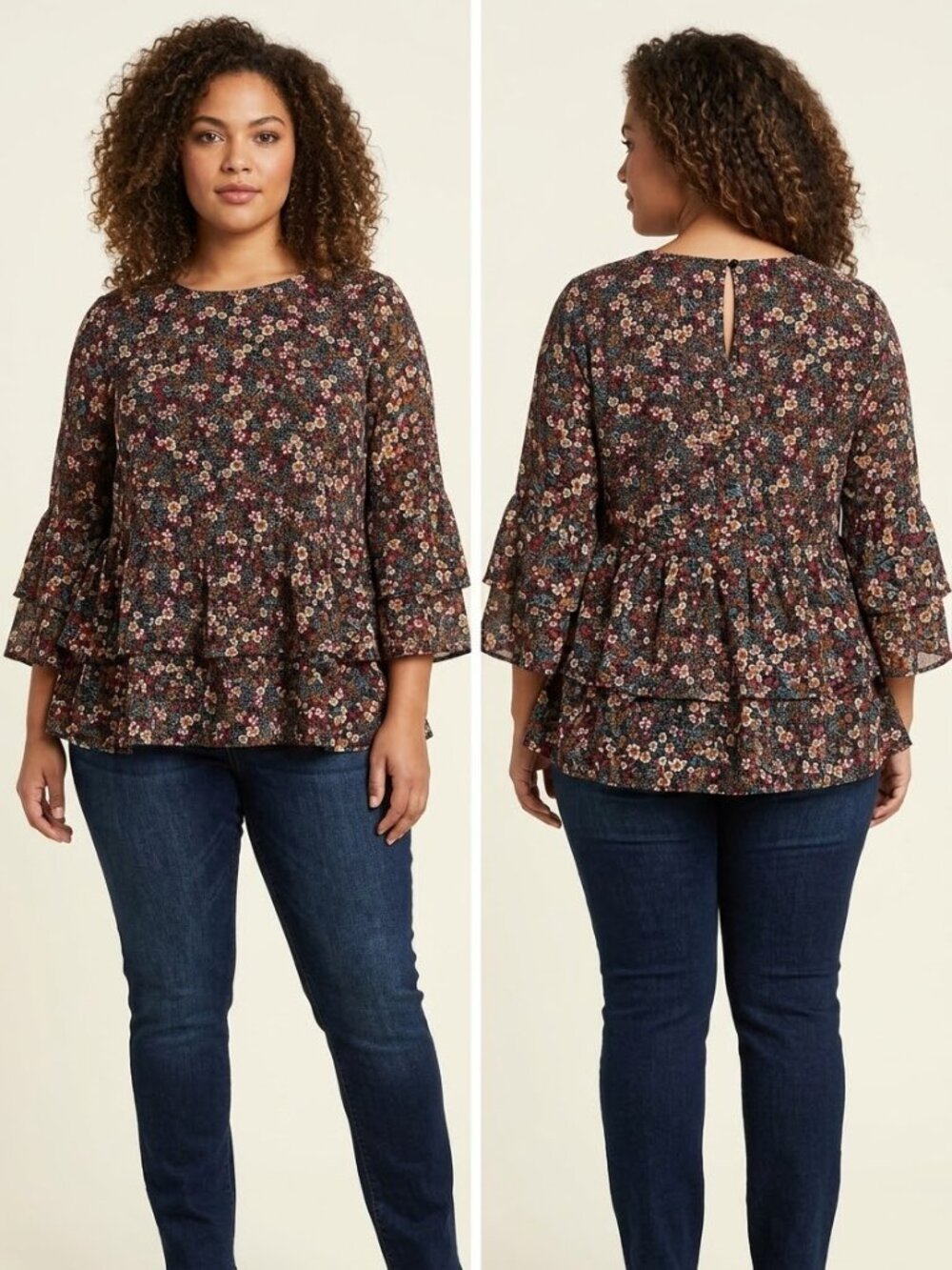 Time and Tru Women's XXL (20) Black Floral Tiered Peplum Boho Top